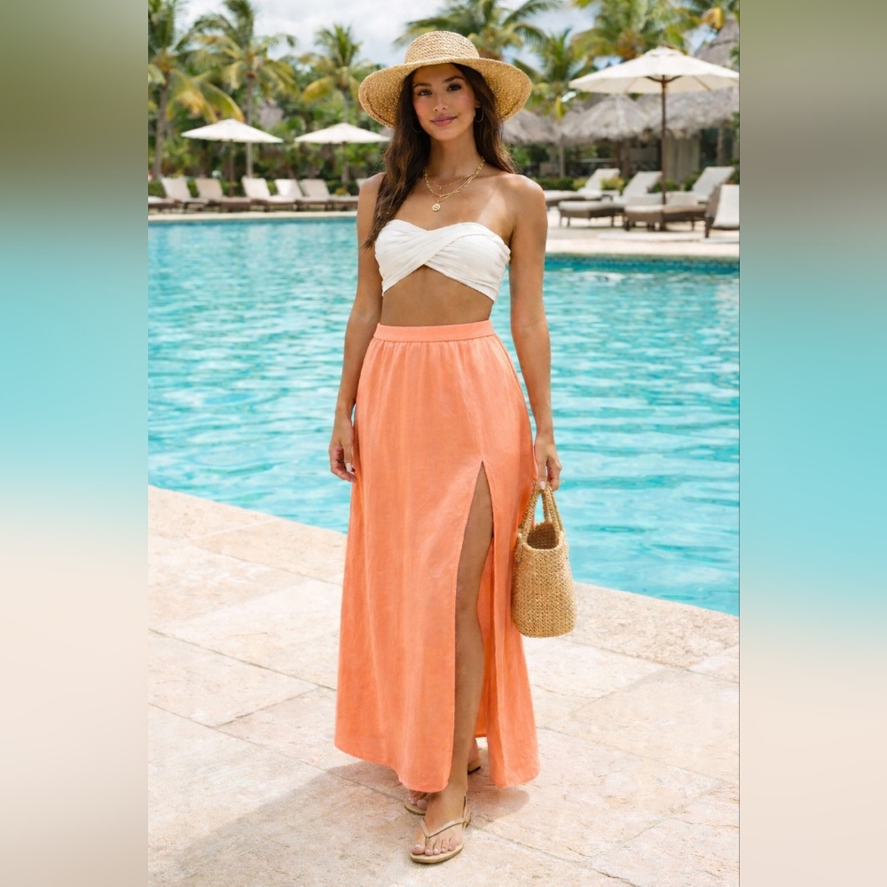 Victoria's Secret Satin Feel Side Slit Maxi Skirt Orange Peach Size 12 / Large